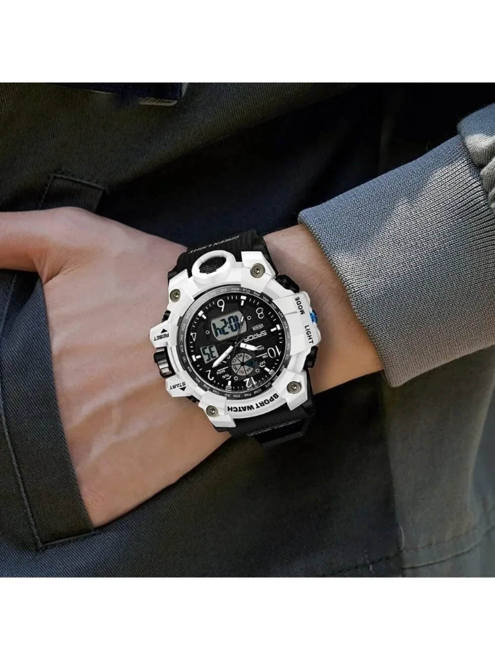 Men's Black And White Analog Waterproof Multi Function Tactics LED Digital Watch